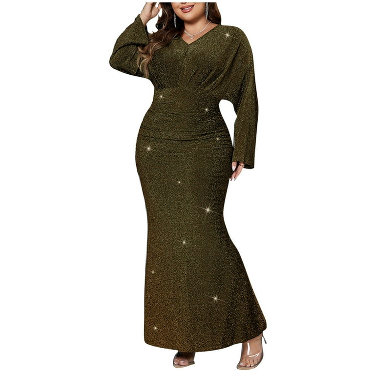 qolati Women's Plus Size Sequin Dress Fall Bodycon Mermaid Maxi Dress  Sparkly Long Sleeve V Neck Ruched Long Club Cocktail Wedding Guest Dresses  Army Green XXXXL 18 - Walmart.com