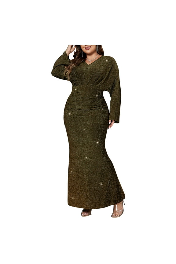 Women's Plus Size Sequin Dress Fall Bodycon Mermaid Maxi Dress Sparkly Long Sleeve V Neck Ruched Long Club Cocktail Wedding Guest Dresses Army Green XXXL 16