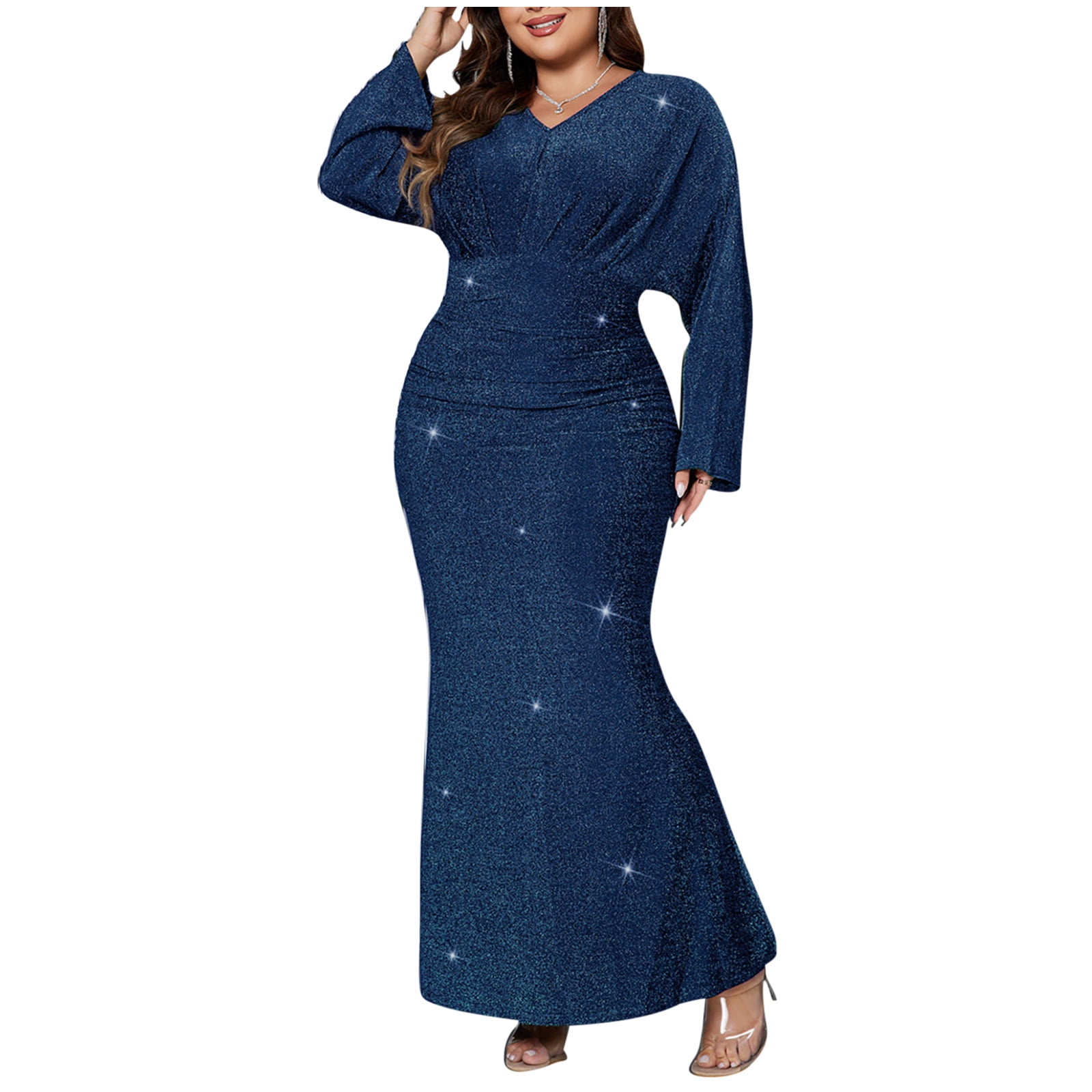 qolati Women's Plus Size Sequin Dress Fall Bodycon Mermaid Maxi Dress  Sparkly Long Sleeve V Neck Ruched Long Club Cocktail Wedding Guest Dresses  Blue XXXL 16 - Walmart.com