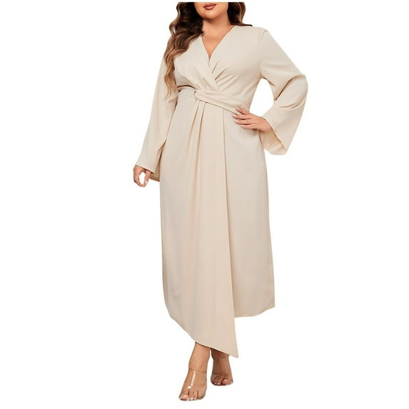 qolati Women's Plus Size Stretchy Flared Wrap Dress Casuel Wedding Guest Work Maxi Dresses V Neck Long Sleeve A-Line Dress Beige XXXL 14