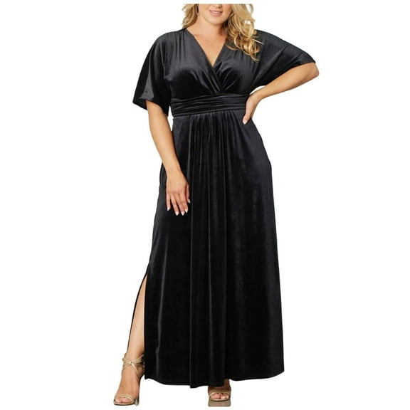 qolati Women's Plus Size Velvet Maxi Dresses Solid Wedding Guest Formal Dress High Waisted Maternity Long Dress Short Sleeve V Neck Pleated Slit Dress