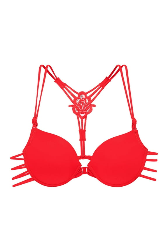 Women's Push Up Front Closure Bra Unpadded Seamless Criss-Crosses Back Underwire Bra Adjustable Low Cut V-Neck Bralette Nude Bra