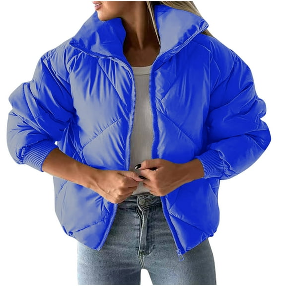 qolati Women's Quilted Puffer Jackets Lightweight Winter Warm Stand Collar Zip Up Jacket Long Sleeve Baggy Short Padded Down Coats