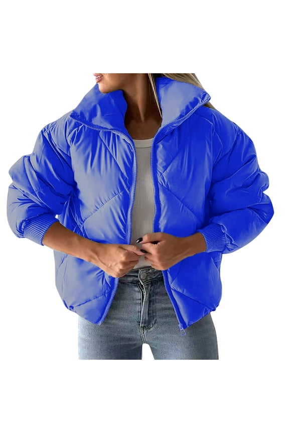Women's Quilted Puffer Jackets Lightweight Winter Warm Stand Collar Zip Up Jacket Long Sleeve Baggy Short Padded Down Coats