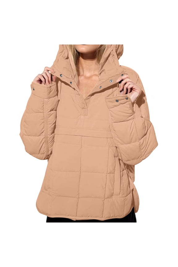Women's Quilted Pullover Puffer Jacket Oversized Button Long Sleeve Hooded Coats Winter Warm Lightweight Outwear Jacket Top with Pocket Khaki XXL 12