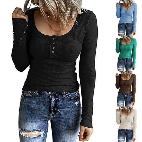 qolati Women's Ribbed Knit Top 2023 Dressy Button Down Slim Fit Henley T Shirts Casual Long Sleeve Solid Scoop Neck Tunic Shirts