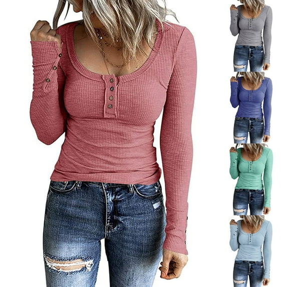 qolati Women's Ribbed Knit Top 2023 Dressy Button Down Slim Fit Henley T Shirts Casual Long Sleeve Solid Scoop Neck Tunic Shirts