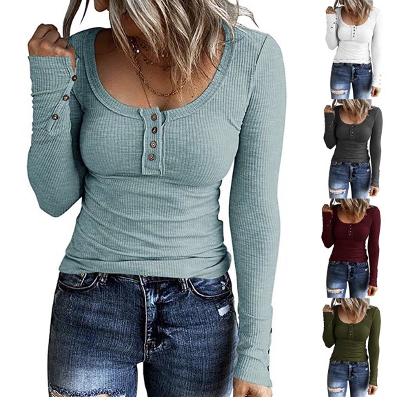 qolati Women's Ribbed Knit Top 2023 Dressy Button Down Slim Fit Henley T Shirts Casual Long Sleeve Solid Scoop Neck Tunic Shirts