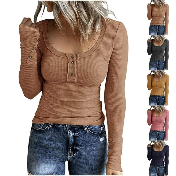 qolati Women's Ribbed Knit Top 2023 Dressy Button Down Slim Fit Henley T Shirts Casual Long Sleeve Solid Scoop Neck Tunic Shirts