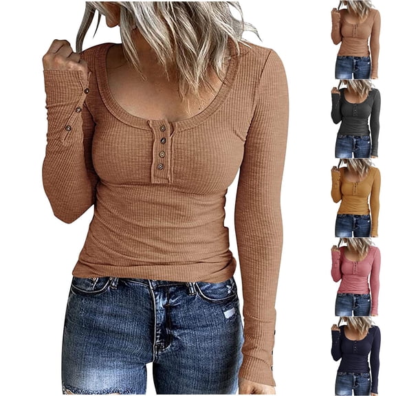qolati Women's Ribbed Knit Top 2023 Dressy Button Down Slim Fit Henley T Shirts Casual Long Sleeve Solid Scoop Neck Tunic Shirts