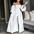 thumbnail image 1 of qolati Women's Rompers Lantern Sleeves Ruffle High Waisted Wide Legs Pants Tie Jumpsuit Off Shoulder Bustier One-Piece Playsuits, 1 of 6