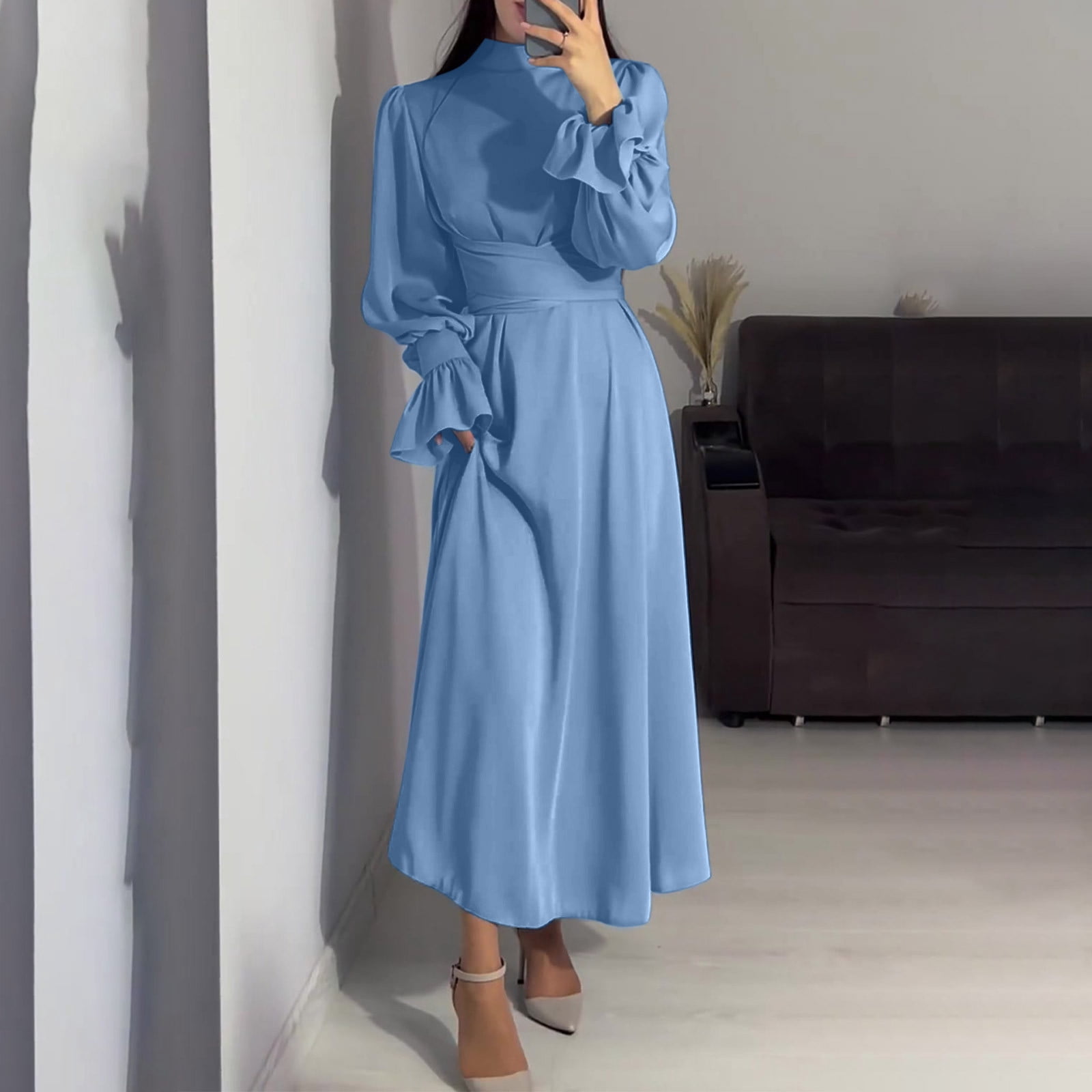 Qolati Women's Satin Dress 2024 Fall Long Lantern Sleeve Flowy A-Line Formal Dress Elegant Mock Neck Puff Shoulder Tie Waist Pleated Cocktail Maxi Qolati Women's Satin Dress 2024 Fall Long Lantern Sleeve Flowy A-Line Formal Dress Elegant Mock Neck Puff Shoulder Tie Waist Pleated Cocktail Maxi