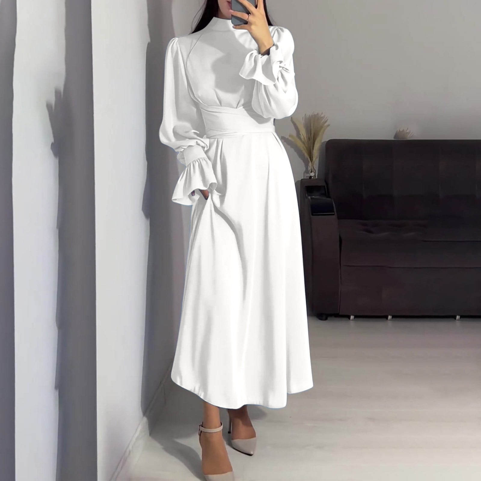 flowy white satin dress White Satin Dresses & Gowns