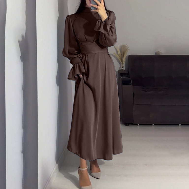 coffee satin dress ZAPAKA Women Coffee Long Formal Dress Mermaid Halter Neck Open Back Evening Dress, Coffee / US14