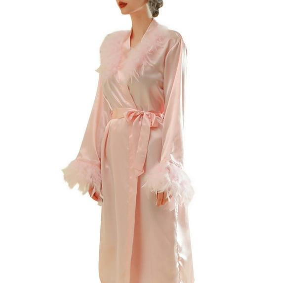 qolati Women's Satin Kimonos Robe with Feather Trim Silk Robes Bridesmaid Robes Bridal Party Sleepwear Illusions Nightgown Bathrobe