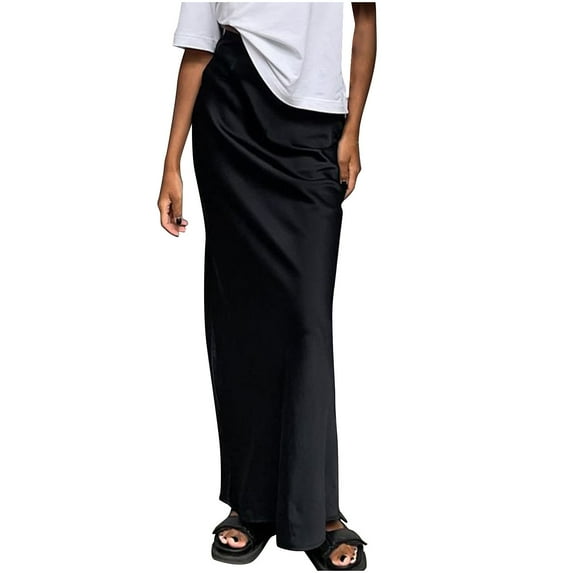 qolati Women's Satin Maxi Skirts Elegant Silk High Waist Cocktail Party A Line Long Skirts Trendy Bodycon Elastic Waist Wrap Pencil Skirt