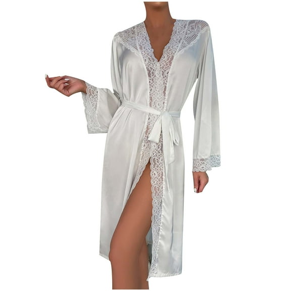 qolati Women's Satin Robe Silk Kimonos Bathrobe for Bride Long Bridesmaids Wedding Party Lace Trim Belted Loungewear Sleepwear