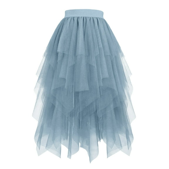 qolati Women's Sequin Tulle Skirt Formal High Low Asymmetrical Midi Length Elastic Waist Tutus Layered Puffy Princess Skirts