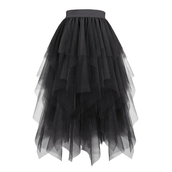 qolati Women's Sequin Tulle Skirt Formal High Low Asymmetrical Midi Length Elastic Waist Tutus Layered Puffy Princess Skirts