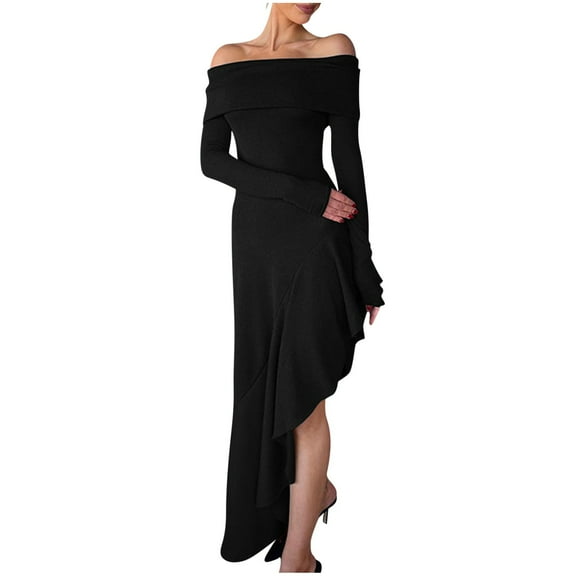 qolati Women's Off Shoulder Cocktail Dresses Elegant Long Sleeve Bodycon Irregular Hem Party Club Dress Basic Ruffle Trim Wedding Long Maxi Dress