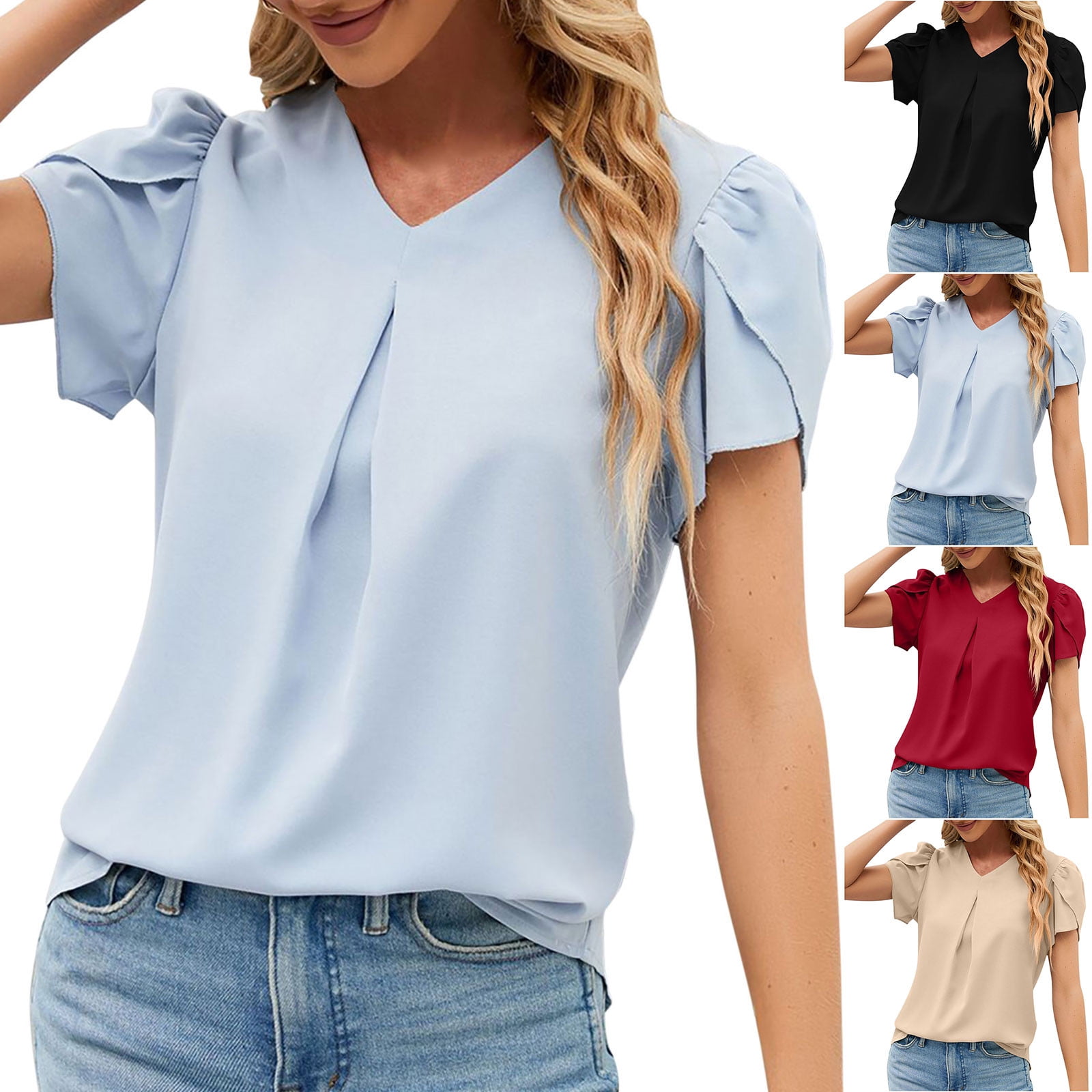 qolati Women s Short Sleeve Dressy Blouses Elegant V Neck Tunic