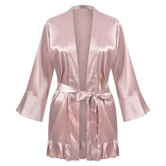 qolati Women's Silk Kimonos Robes for Bride Bridesmaids Wedding Bridal Party 3/4 Sleeve Ruffled Shorts Satin Bathrobes for Women