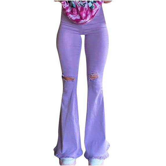 qolati Women Skinny Bell Bottom Jeans Stretch Ripped High Waisted Tummy Control Flared Jeans Casual Wide Leg Long Denim Pants