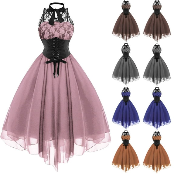 qolati Women's Sleeveless Gothic Dresses 2023 Corset Halter Floral Lace Cocktail Smocked Swing Dress Vintage Mesh Pleated Party Punk Dress