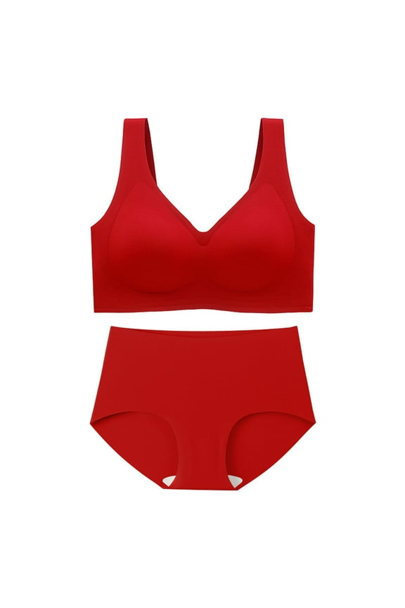 Women's Solid Color Matching Bra and Panty Sets 2 Piece Sports Bras Underwear Bralette Set Red M