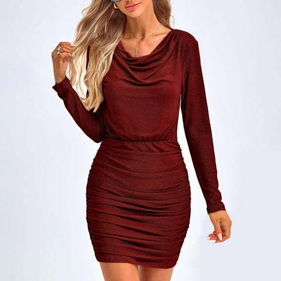 qolati Women's Sparkly Bodycon Mini Dresses Ruched Bodycon Cowl Neck Short Club Cocktail Dress Elegant Long Sleeve Wedding Guest Dress