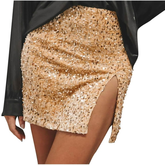 qolati Women's Sparkly Sequin Skirt Mid Waist Side Slit Glitter Party Club Pencil Skirts Fashion Stretchy Bodycon Mini Skirts