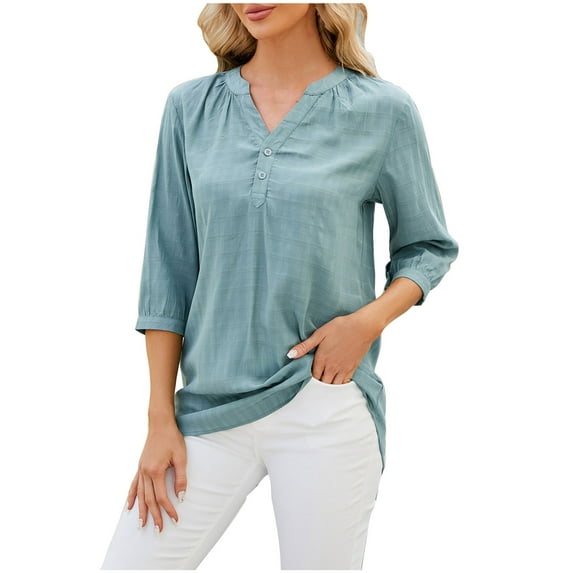 qolati Women's Spring 3/4 Sleeve Henleys Shirts Business Button Down V-Neck Tunic T Shirt Dressy Casual Loose Office Work Blouse Tops