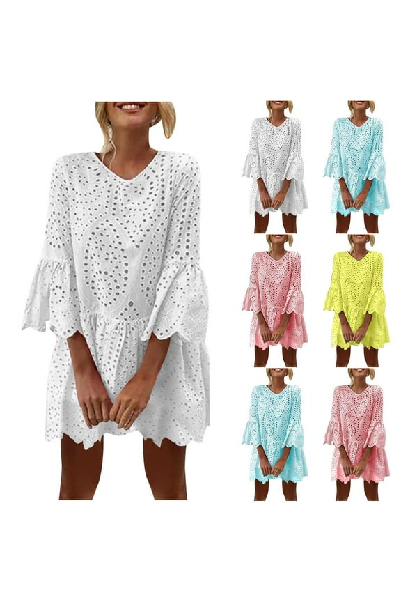 Women's Spring Summer Boho Dresses Fashion Ruffled 3/4 Sleeve Eyelet Mini Dress Plus Size Casual Pleated Layered Beach Sundress