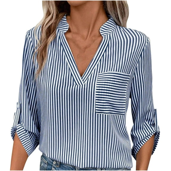 qolati Women's Striped Long Sleeve Shirts Casual V Neck Button Rolled Sleeve Tunic Blouse 2024 Summer Loose Beach Holiday Dressy Tee Tops