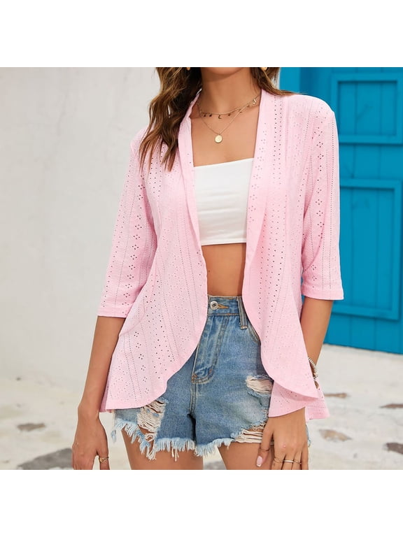 Women's Summer Dressy Eyelet Tops Lightweight 3/4 Sleeve Solid Color Cardigan Jackets Casual Ruffle Flowy Cover Up Blouse