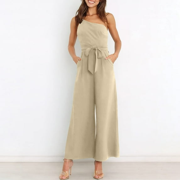 qolati Women's Summer Rompers One Shoulder Sleeveless Tie Strap Belted Waist Overalls Elegant Flowy Cocktail Party Jumpsuit with Pockets