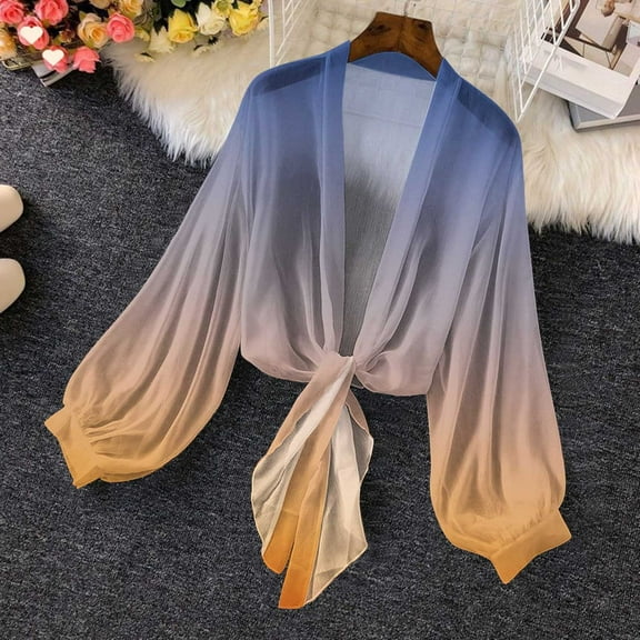 qolati Women's Summer Tops Deep V Neck Long Sleeve Tie Front Knot Wrap Crop Top Gradient Open Front Cardigan Beach Swim Cover Ups