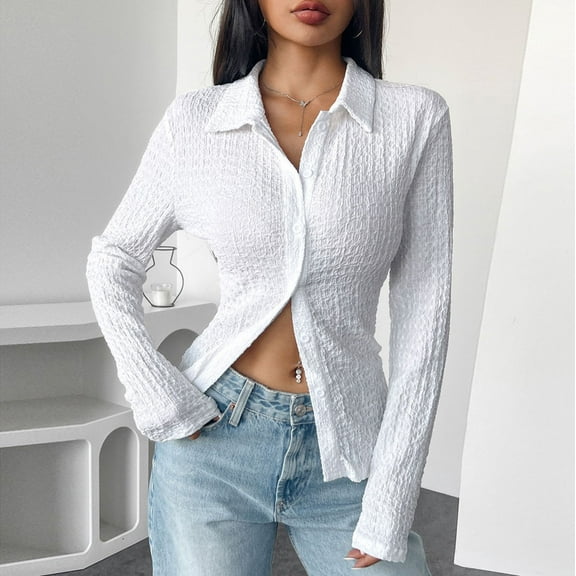 qolati Women's Texture Lapel Cardigans Elegant Long Sleeve Button Down Shirts Y2k Sun Protections Beach Coverups Tops