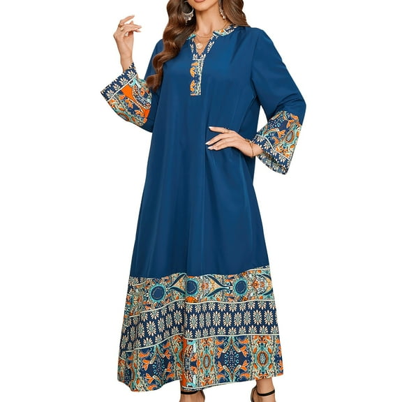 qolati Women's Trendy 2025 Boho Cotton Dresses Loose V Neck Long Sleeve Vintage Ethnic Printed Maxi Dress Elegant Casual Holiday Long Dresses