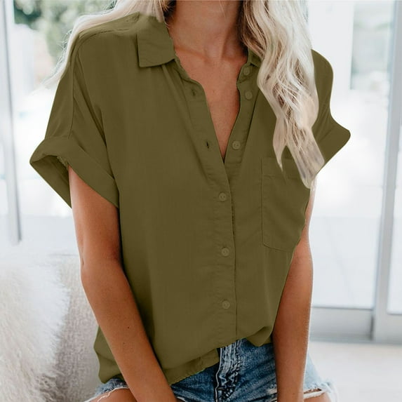 qolati Women's Trendy Button Down Shirts V Neck Short Sleeve Work Office Blouses Casual Solid Color Tunic Tops