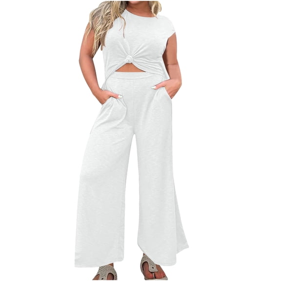 qolati Women's Two Piece Outfit Plus Size Short Sleeve Crew Neck T Shirts with Wide Leg Pants Active Tracksuit Lounge Set