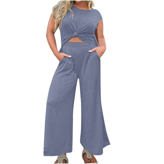 qolati Women's Two Piece Outfit Plus Size Short Sleeve Crew Neck T Shirts with Wide Leg Pants Active Tracksuit Lounge Set