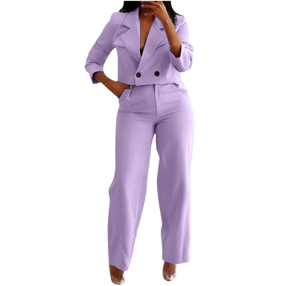 qolati Women's Two Piece Outfits Business Casual Cropped Blazer Jackets and Wide Leg Pants Suit Sets Business Dressy Work Clothes Purple M 6