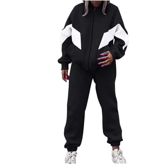 qolati Women's Two Piece Outfits Casual Long Sleeve Zipper Sweatshirts Jackets Tracksuit Casual Color Block Print Sweatsuit Workout Set with Pockets