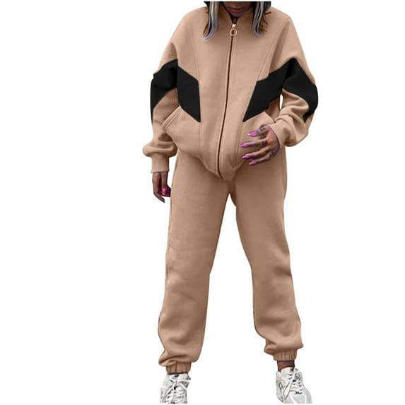 qolati Women's Two Piece Outfits Casual Long Sleeve Zipper Sweatshirts Jackets Tracksuit Casual Color Block Print Sweatsuit Workout Set with Pockets