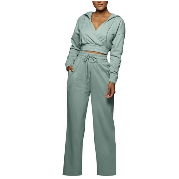 qolati Women's Two Piece Outfits Casual V Neck Hooded Crop Tops and High Waist Sweatpants Tracksuit Sets 2024 Loose Long Sleeve Sweatsuit Y2k Fall Clothes