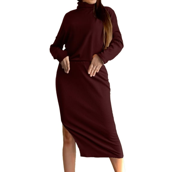 qolati Women's Two Piece Outfits Elegant Ribbed Turtleneck Pullover Top with Elastic Waistband Split Hem Pencil Skirt Fall Suits Casual Slim Fit Business Work Matching Sets