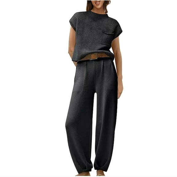 qolati Women's Two Piece Outfits Knit Sweater Pullover Crop Top High Waisted Pants Lounge Matching Tracksuit Sweatsuit Sets