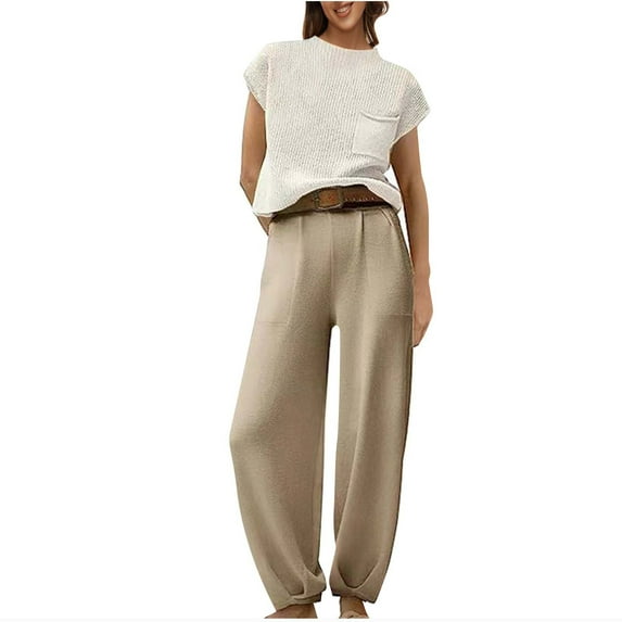 qolati Women's Two Piece Outfits Knit Sweater Pullover Crop Top High Waisted Pants Lounge Matching Tracksuit Sweatsuit Sets