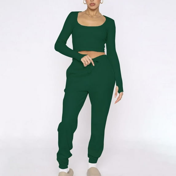 qolati Women's Two Piece Outfits Long Sleeve U-Neck Crop Tops with Jogger Sweatpants Lounge Sets Y2k Oversized High Waist Lounge Wear Sweatsuit